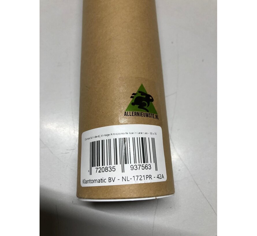 Allernieuwste.nl® Canvas Schilderdij Vintage Antropomorfe Koe in Leren Jas – 50 x 70 cm - Humor Dieren – Wanddecoratie – Muurdecoratie – Portret