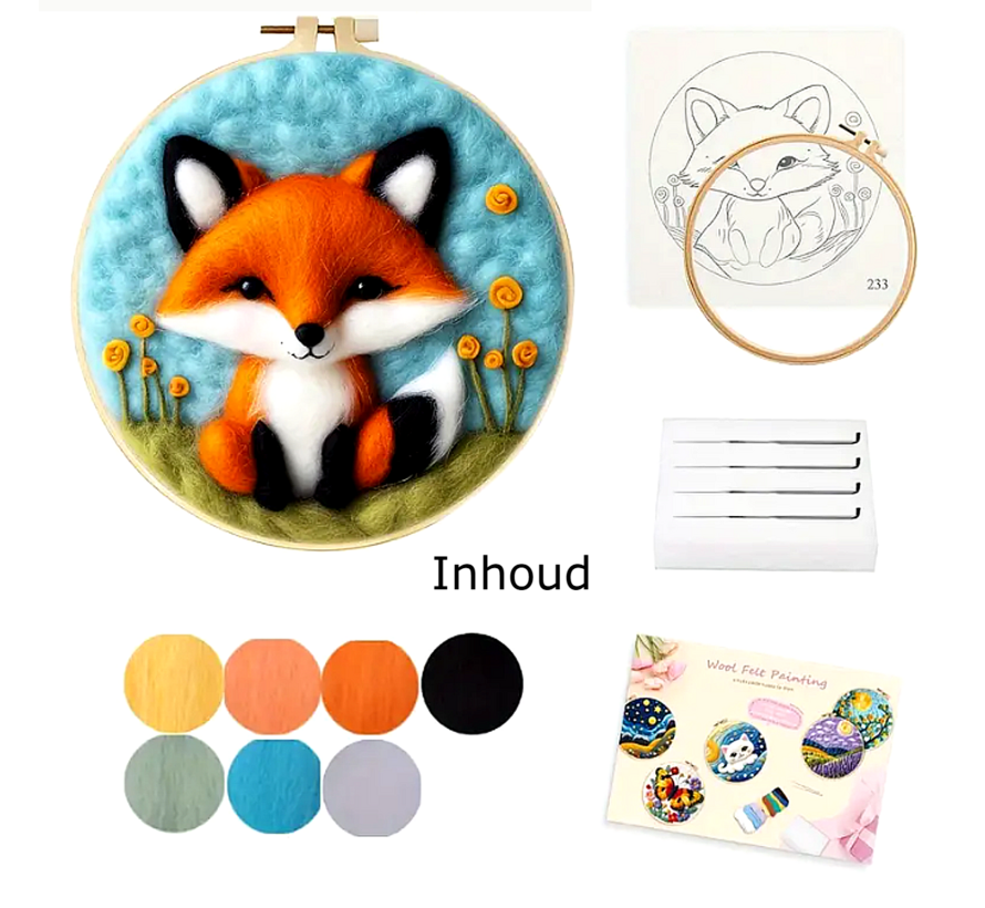 DIY Naaldvilt Wolvilt Pakket Vosje – Complete Starterset – Met Wol, Naalden, Borduurring & Handleiding – Creatief Hobbypakket voor Beginners & Gevorderden
