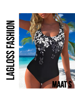 LaGloss Zwart Dames Badpak met Witte Bloemenprint – Maat S