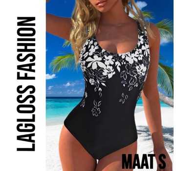 LaGloss Zwart Dames Badpak met Witte Bloemenprint – Maat S
