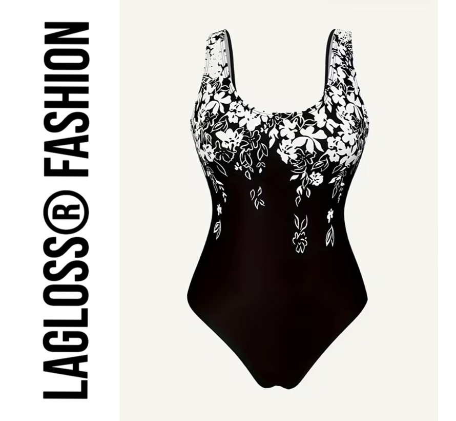 LaGloss® Zwart Dames Badpak met Witte Bloemenprint - Open Rug – Ronde hals – Stretch Zwempak – Zomermode – Beach fashion – Maat S