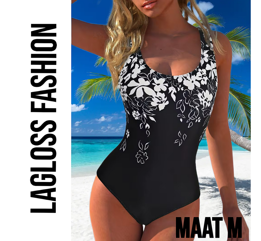 LaGloss® Zwart Dames Badpak met Witte Bloemenprint - Open Rug – Ronde hals – Stretch Zwempak – Zomermode – Beach fashion – Maat M