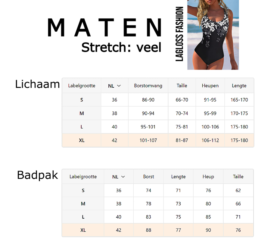 LaGloss® Zwart Dames Badpak met Witte Bloemenprint - Open Rug – Ronde hals – Stretch Zwempak – Zomermode – Beach fashion – Maat L