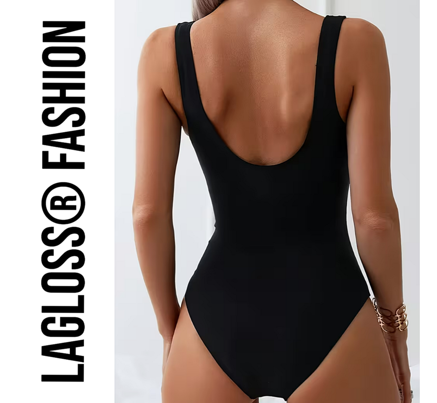 LaGloss® Zwart Dames Badpak met Witte Bloemenprint - Open Rug – Ronde hals – Stretch Zwempak – Zomermode – Beach fashion – Maat L