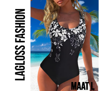 LaGloss Zwart Dames Badpak met Witte Bloemenprint – Maat L