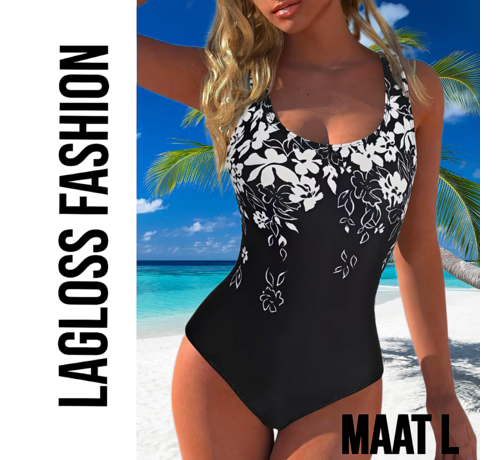 LaGloss LaGloss® Zwart Dames Badpak met Witte Bloemenprint - Open Rug – Ronde hals – Stretch Zwempak – Zomermode – Beach fashion – Maat L