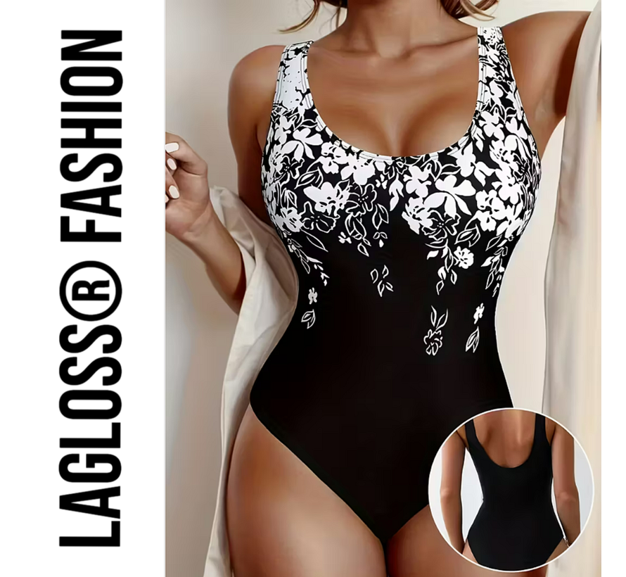 LaGloss® Zwart Dames Badpak met Witte Bloemenprint - Open Rug – Ronde hals – Stretch Zwempak – Zomermode – Beach fashion – Maat XL