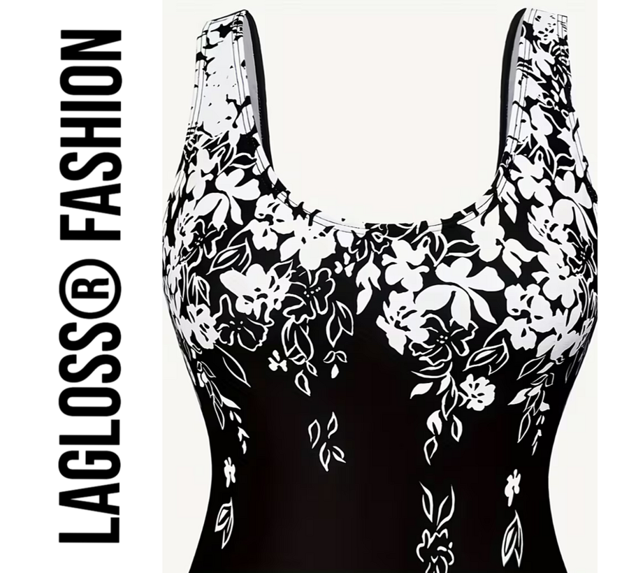LaGloss® Zwart Dames Badpak met Witte Bloemenprint - Open Rug – Ronde hals – Stretch Zwempak – Zomermode – Beach fashion – Maat XL