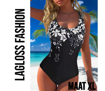 LaGloss Zwart Dames Badpak met Witte Bloemenprint – Maat XL