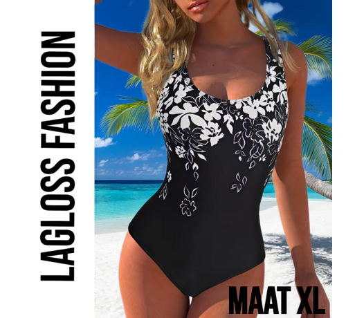 LaGloss LaGloss® Zwart Dames Badpak met Witte Bloemenprint - Open Rug – Ronde hals – Stretch Zwempak – Zomermode – Beach fashion – Maat XL