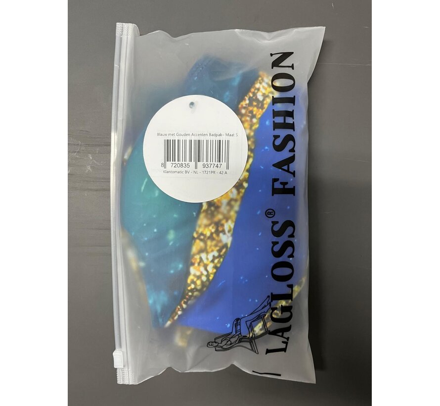 LaGloss® Blauw Gouden Badpak – Elegant Damesbadpak met Abstracte Print & Buikcontrole – Maat S