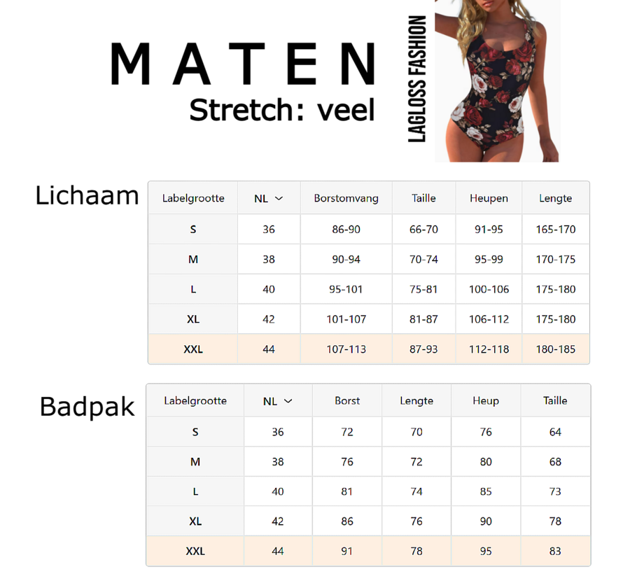 LaGloss® Zwart Vintage Rozenprint Eendelig Dames Badpak – Stretch Zwempak – Strandmode – Beachfashion – Maat XL