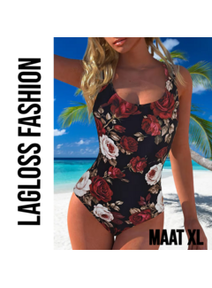 LaGloss Zwart Vintage Rozenprint Eendelig Dames Badpak – Maat XL