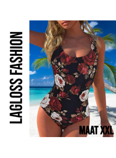 LaGloss Zwart Vintage Rozenprint Eendelig Dames Badpak – Maat XXL