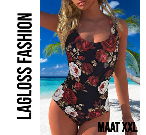 LaGloss LaGloss® Zwart Vintage Rozenprint Eendelig Dames Badpak – Stretch Zwempak – Strandmode – Beachfashion – Maat XXL