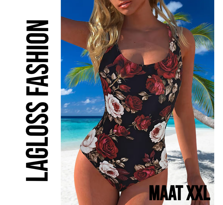 LaGloss® Zwart Vintage Rozenprint Eendelig Dames Badpak – Stretch Zwempak – Strandmode – Beachfashion – Maat XXL