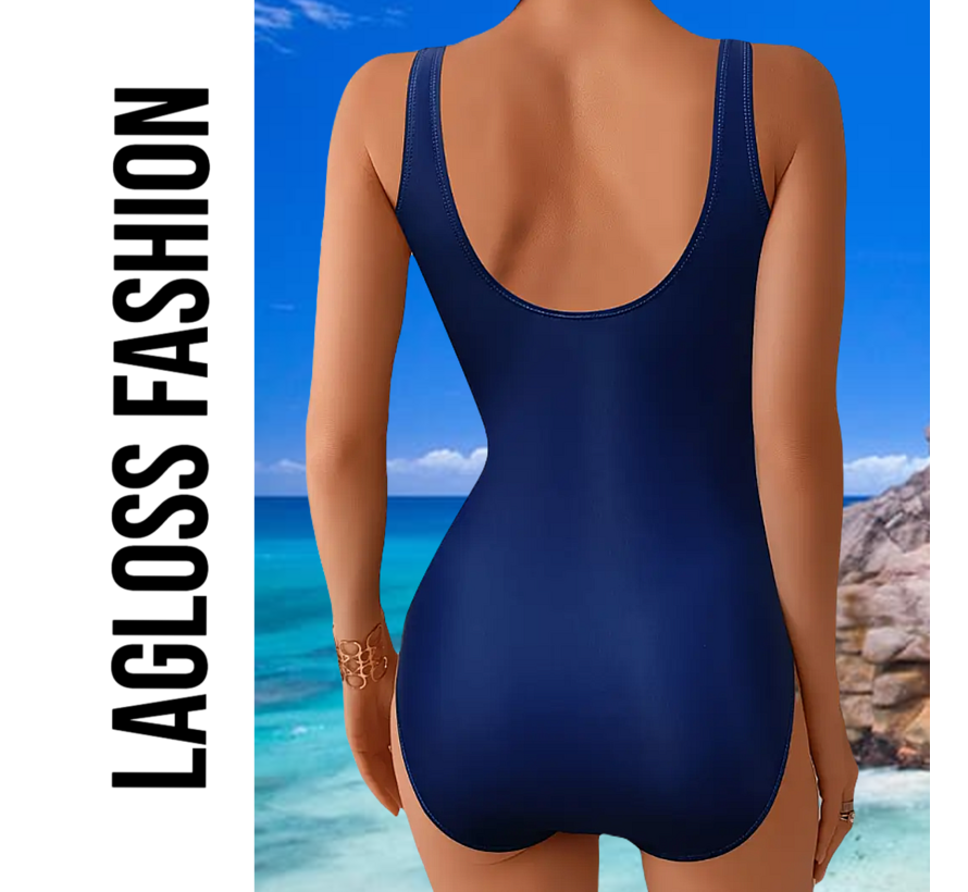 LaGloss® Blauw Gouden Badpak – Elegant Damesbadpak met Abstracte Print & Buikcontrole – Maat S