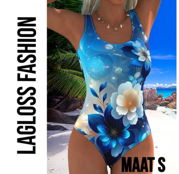 LaGloss Eendelig Blauw-Witte Bloemen Dames Badpak met Open Rug - Maat S