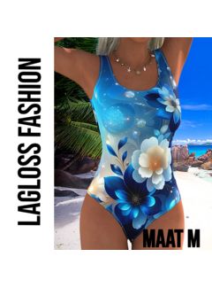LaGloss Eendelig Blauw-Witte Bloemen Dames Badpak met Open Rug - Maat M