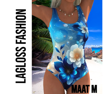 LaGloss Eendelig Blauw-Witte Bloemen Dames Badpak met Open Rug - Maat M