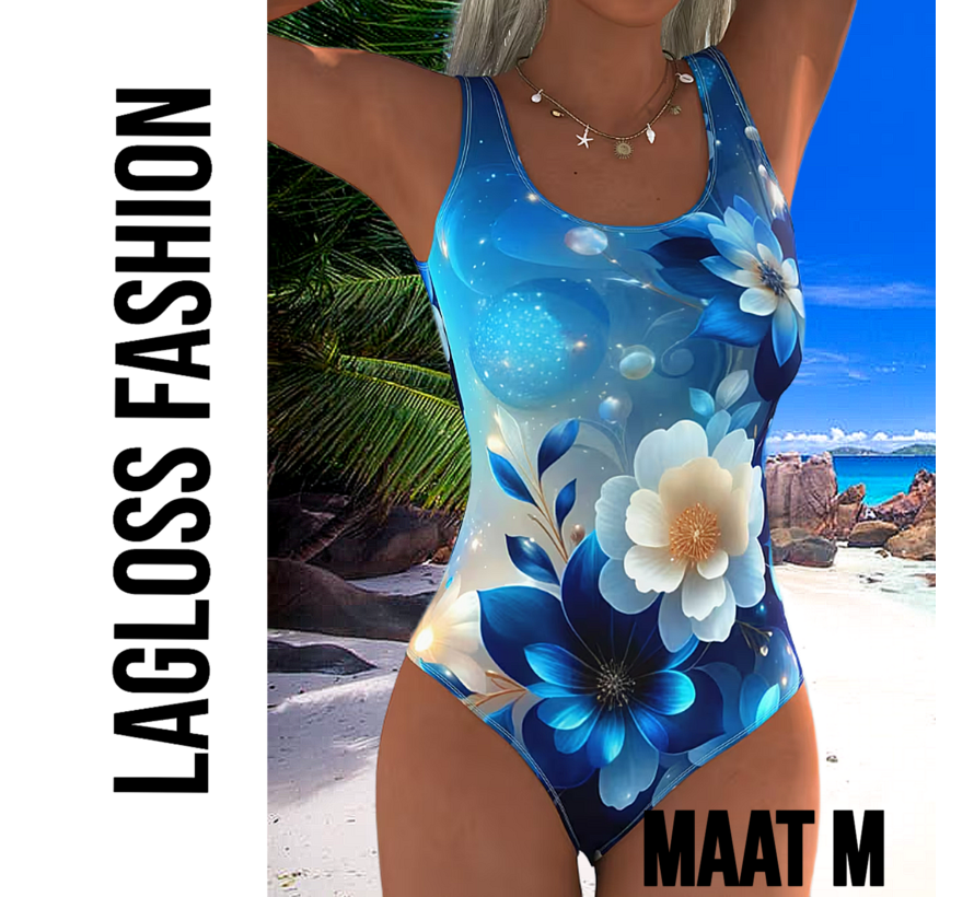 LaGloss® Eendelig Blauw-Witte Bloemen Dames Badpak met Open Rug - Sexy Zwempak – Badkleding – Strandmode – Beach Fashion – Maat M