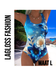 LaGloss Eendelig Blauw-Witte Bloemen Dames Badpak met Open Rug - Maat L