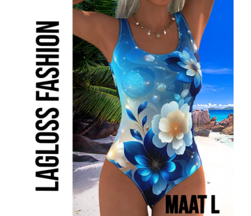 LaGloss Eendelig Blauw-Witte Bloemen Dames Badpak met Open Rug - Maat L