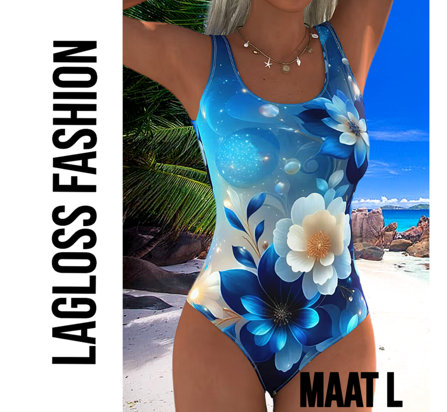LaGloss® Eendelig Blauw-Witte Bloemen Dames Badpak met Open Rug - Sexy Zwempak – Badkleding – Strandmode – Beach Fashion – Maat L