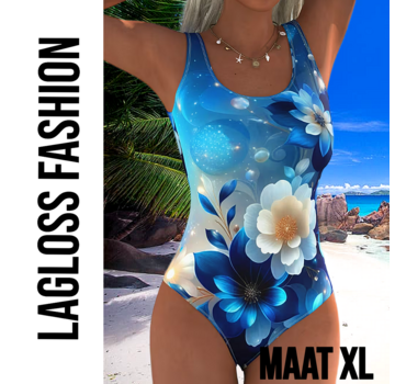 LaGloss Eendelig Blauw-Witte Bloemen Dames Badpak met Open Rug - Maat XL