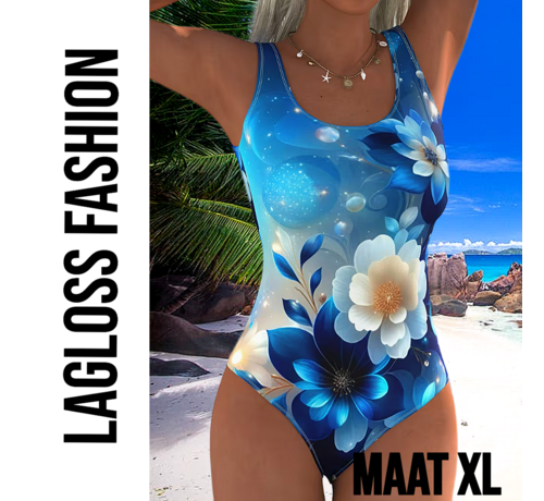 LaGloss LaGloss® Eendelig Blauw-Witte Bloemen Dames Badpak met Open Rug - Sexy Zwempak – Badkleding – Strandmode – Beach Fashion – Maat XL