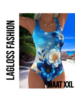 LaGloss Eendelig Blauw-Witte Bloemen Dames Badpak met Open Rug - Maat XXL