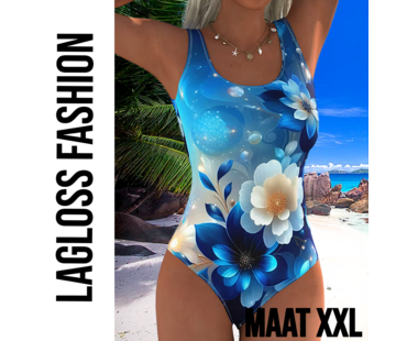 LaGloss Eendelig Blauw-Witte Bloemen Dames Badpak met Open Rug - Maat XXL