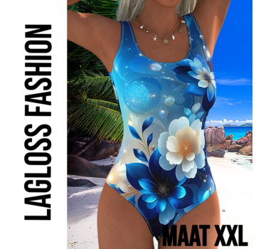 LaGloss Eendelig Blauw-Witte Bloemen Dames Badpak met Open Rug - Maat XXL