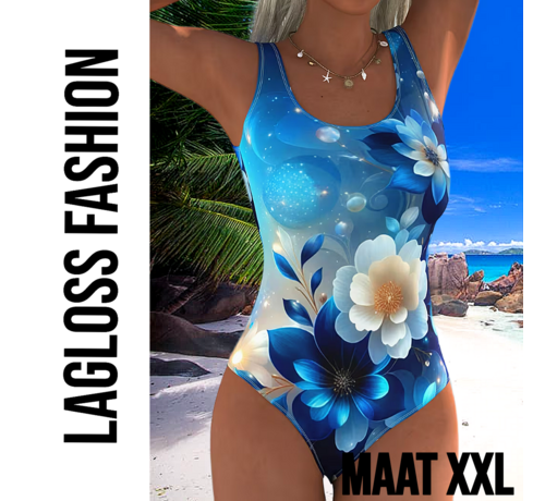 LaGloss LaGloss® Eendelig Blauw-Witte Bloemen Dames Badpak met Open Rug - Sexy Zwempak – Badkleding – Strandmode – Beach Fashion – Maat XXL