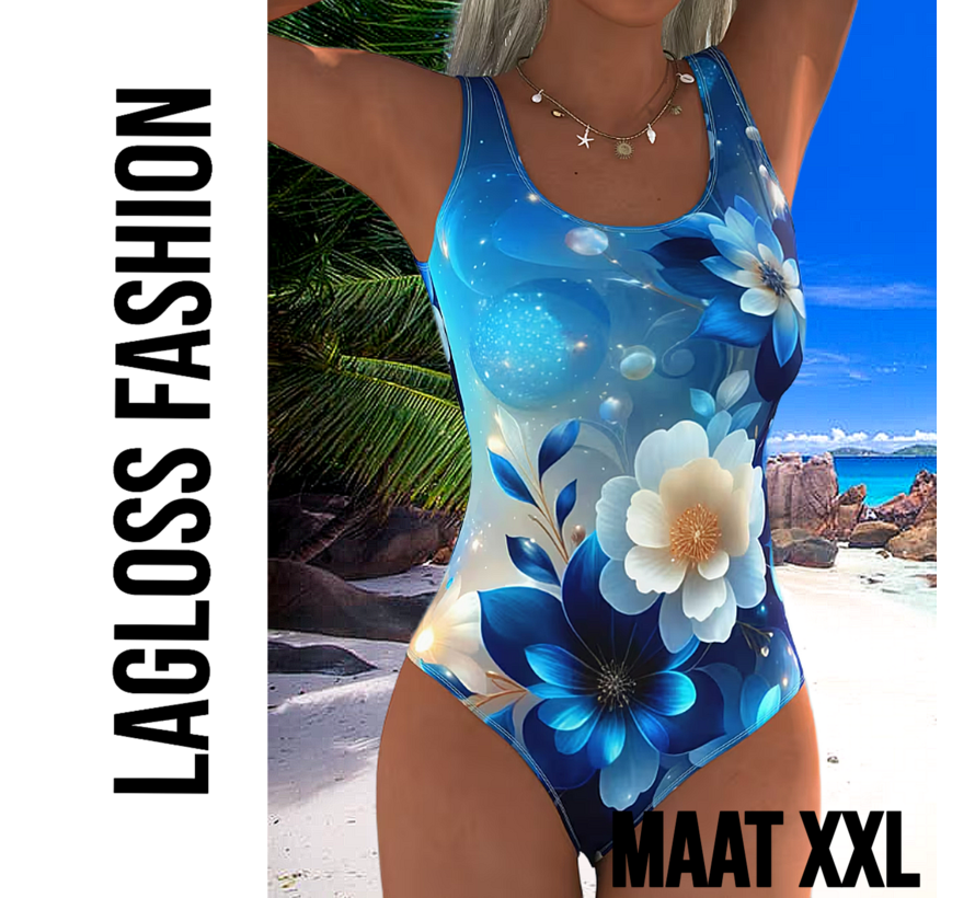LaGloss® Eendelig Blauw-Witte Bloemen Dames Badpak met Open Rug - Sexy Zwempak – Badkleding – Strandmode – Beach Fashion – Maat XXL