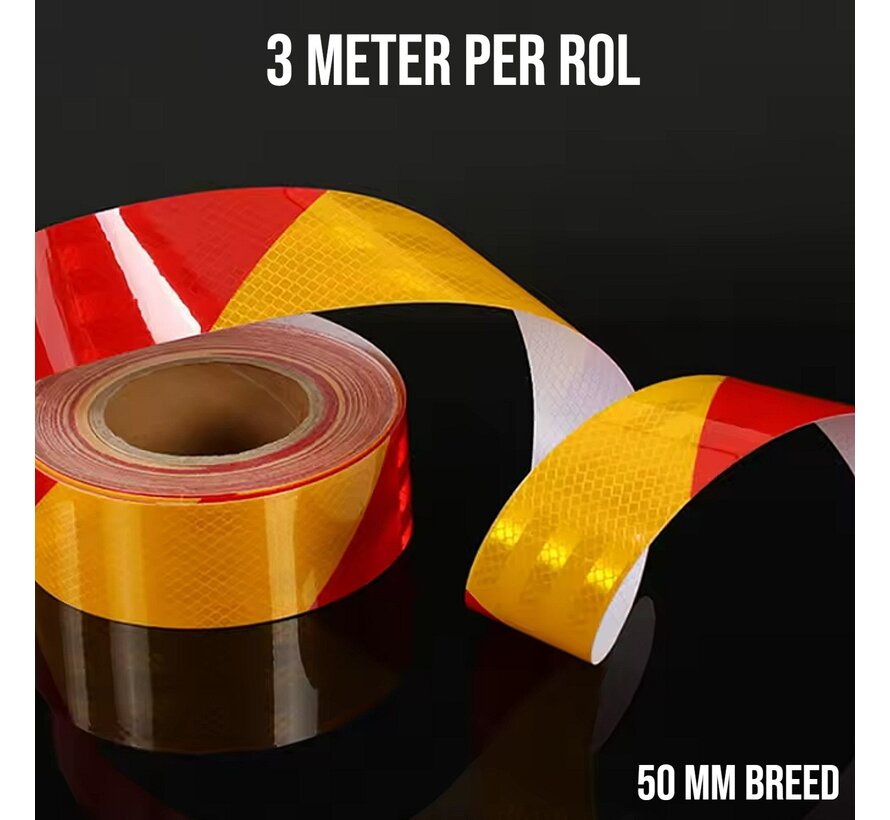 Rol Reflecterende Tape Stickers Veiligheidstape Rood Geel - 50mmx3mtr - Waterdicht Reflector Plakband