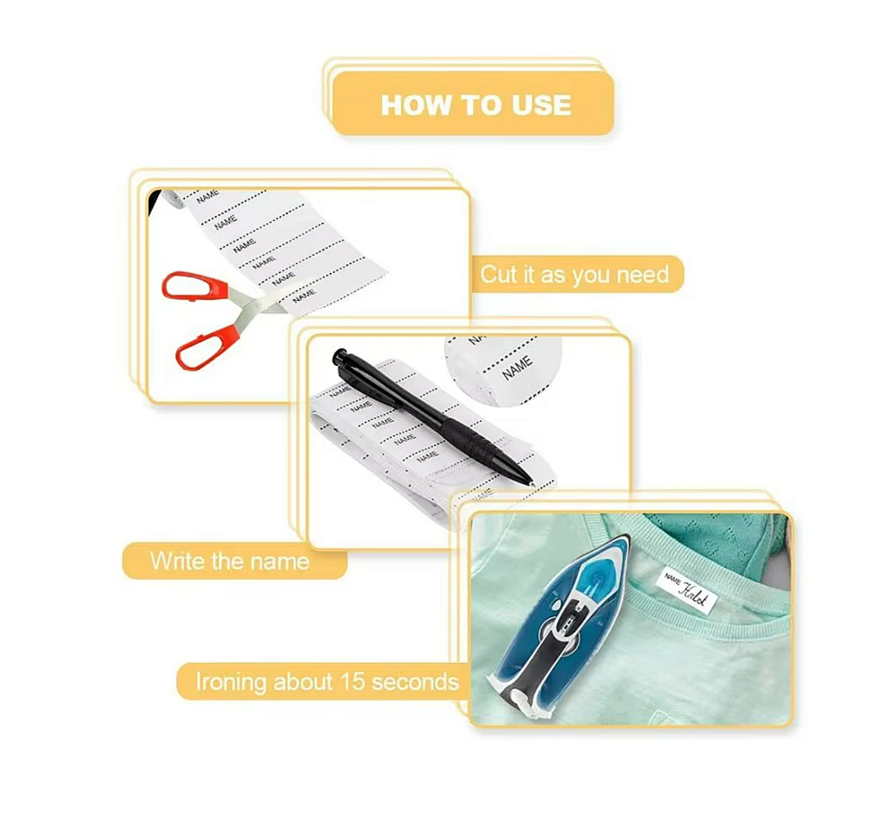 Set Textiel Naam Labels ‘’Name’’ - Wasbare Kleding Etiketten - Kinderkleding Naam Tags - Opstrijk Naamlabels - SET 100 Stuks + Pen Zwart