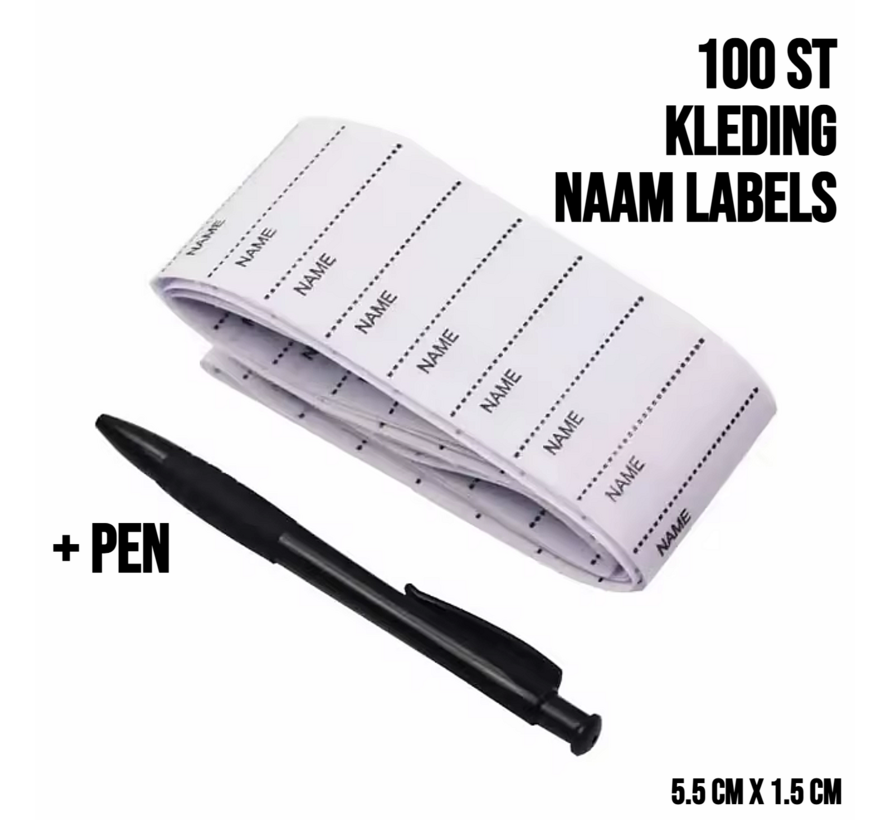 Set Textiel Naam Labels ‘’Name’’ - Wasbare Kleding Etiketten - Kinderkleding Naam Tags - Opstrijk Naamlabels - SET 100 Stuks + Pen Zwart
