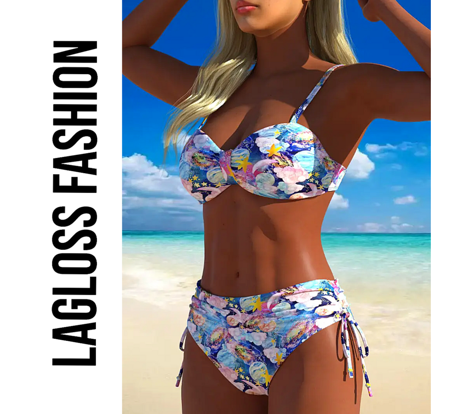LaGloss® Dames Hoge Taille Bikini Set – Bloemenprint & Buikcontrole – Blauw/Wit Tweedelig Badpak – Rekbare Stof – Maat M