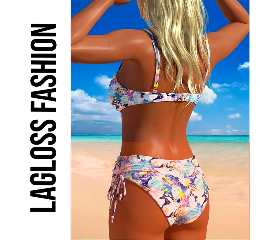 LaGloss® Dames Hoge Taille Bikini Set – Bloemenprint & Buikcontrole – Blauw/Wit Tweedelig Badpak – Rekbare Stof – Maat M