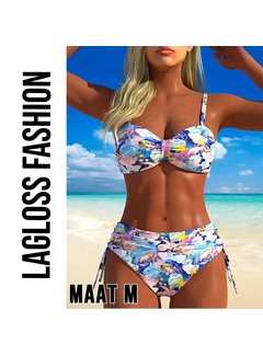 LaGloss Dames Hoge Taille Bikini Set – Bloemenprint – Blauw/Wit – Maat M
