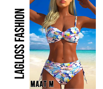 LaGloss Dames Hoge Taille Bikini Set – Bloemenprint – Blauw/Wit – Maat M