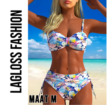 LaGloss Dames Hoge Taille Bikini Set – Bloemenprint – Blauw/Wit – Maat M