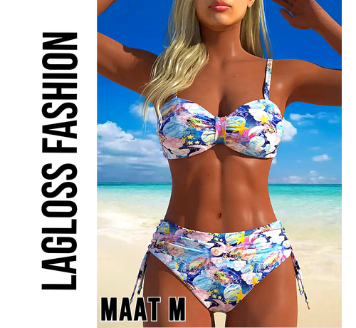 LaGloss LaGloss® Dames Hoge Taille Bikini Set – Bloemenprint & Buikcontrole – Blauw/Wit Tweedelig Badpak – Rekbare Stof – Maat M