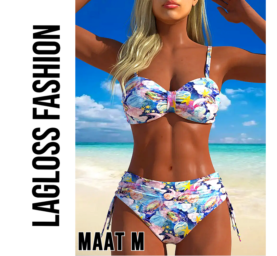 LaGloss® Dames Hoge Taille Bikini Set – Bloemenprint & Buikcontrole – Blauw/Wit Tweedelig Badpak – Rekbare Stof – Maat M