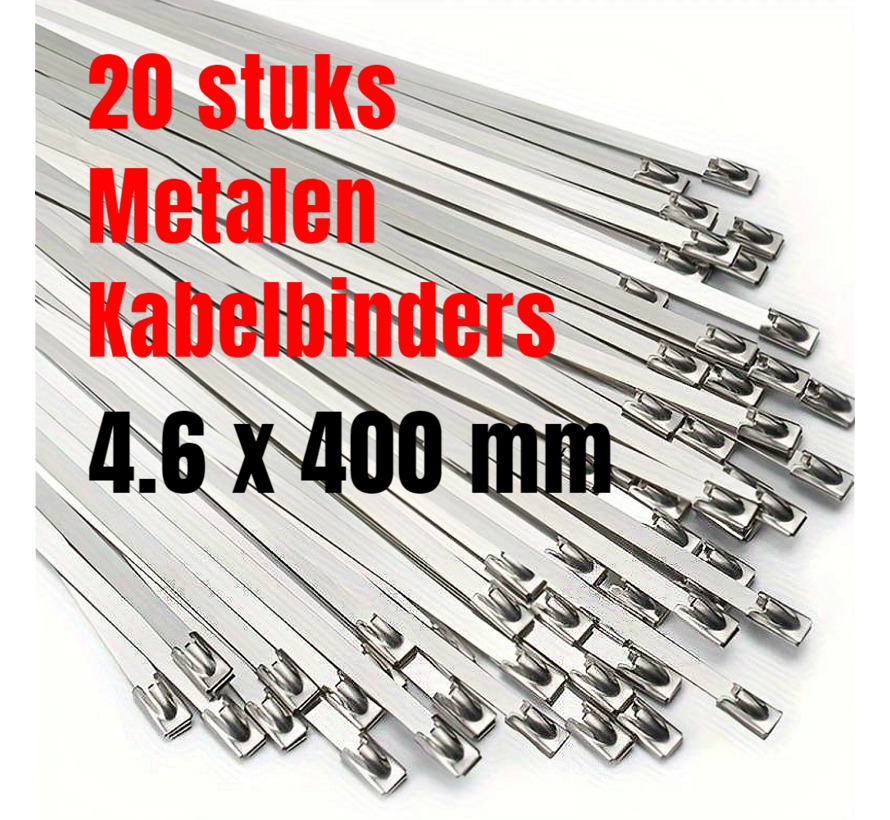 Allernieuwste.nl® 20 STUKS RVS Metalen Kabelbinders Tie Wraps Tyraps 4.6 x 400 mm - max 90 kg Trekkracht - Binnen en Buiten - Waterafsotend UV- Roest- en Chemisch Bestendig - 4.6 x 400mm - 20 Stuks