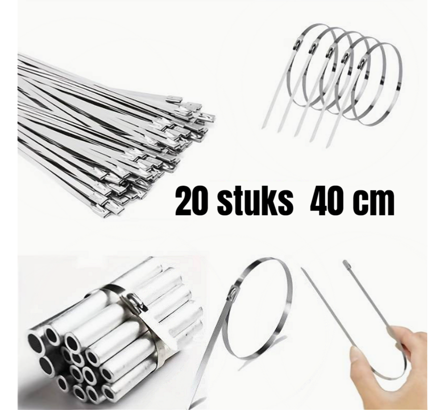Allernieuwste.nl® 20 STUKS RVS Metalen Kabelbinders Tie Wraps Tyraps 4.6 x 400 mm - max 90 kg Trekkracht - Binnen en Buiten - Waterafsotend UV- Roest- en Chemisch Bestendig - 4.6 x 400mm - 20 Stuks