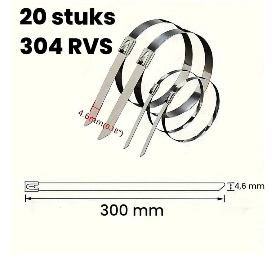 Allernieuwste.nl® 20 STUKS RVS Metalen Kabelbinders Tie Wraps Tyraps 4.6 x 400 mm - max 90 kg Trekkracht - Binnen en Buiten - Waterafsotend UV- Roest- en Chemisch Bestendig - 4.6 x 400mm - 20 Stuks