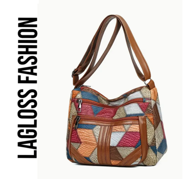 LaGloss Geometrisch Patroon Schoudertas – Blauw, Oranje, Beige en Bruin