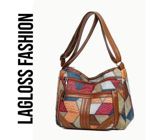 LaGloss LaGloss® Geometrisch Patroon Schoudertas – Verstelbare Crossbody Tas met Veilige Ritssluiting – Lichtgewicht & Modieus in Blauw, Oranje, Beige en Bruin